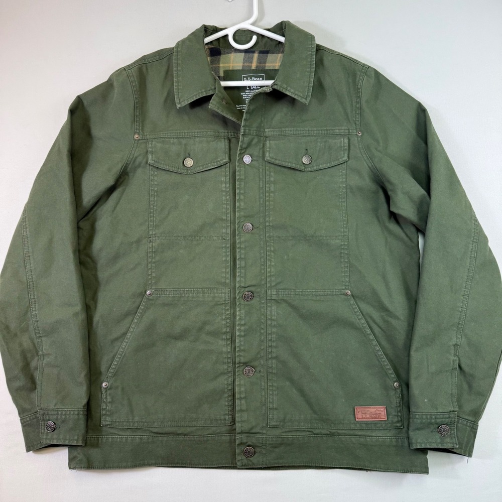 LL Bean BeanFlex Utility Trucker Jacket Mens L Tall Green Flannel Lined Canvas